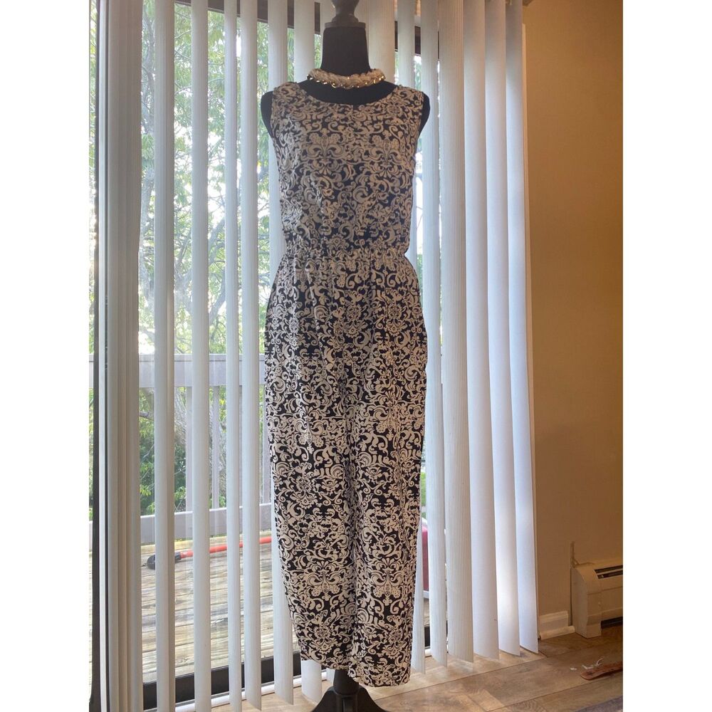 SWEET Sleeveless Damask Print Jumpsuit Black White Tie Back Cutout M